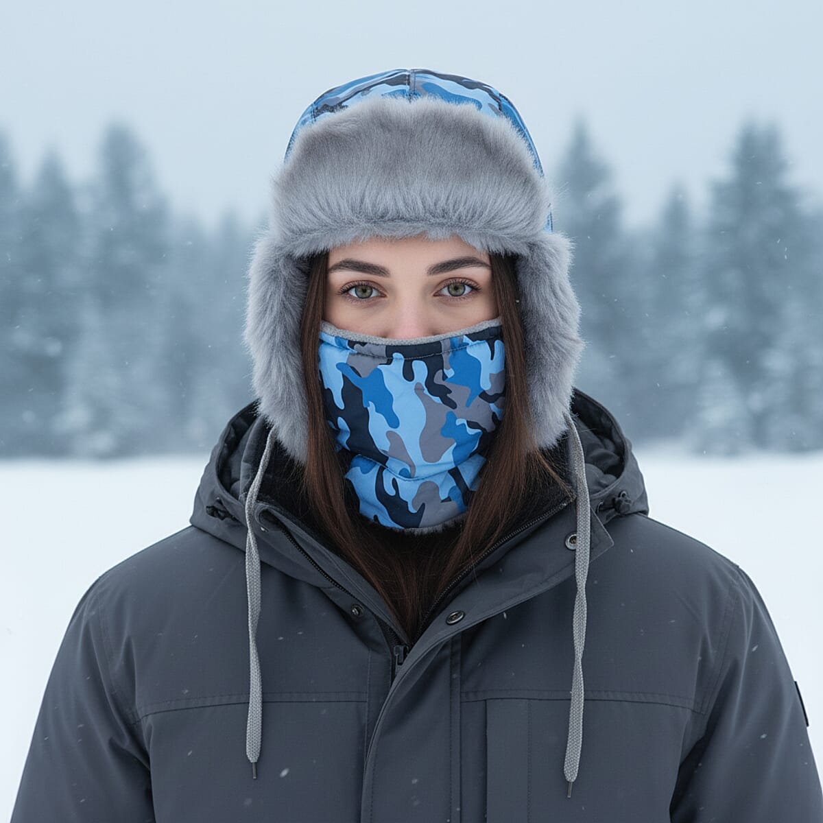 Tamsy Blue Camouflage Winter Hat with Face Mask  image number 1