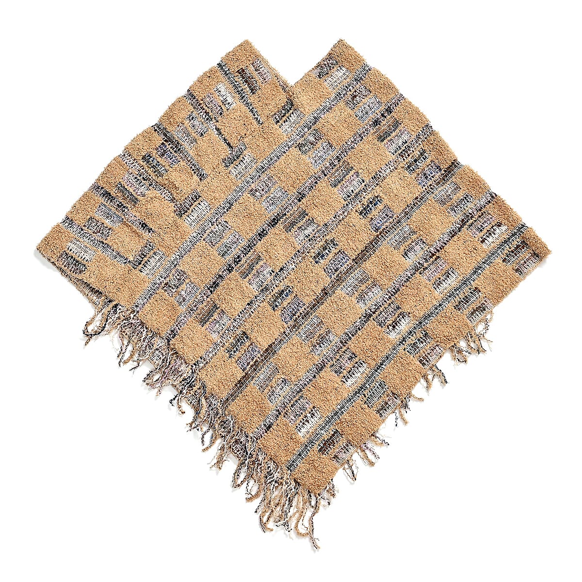 TAMSY Tan Large Checkered Knit Poncho with Fringe - One Size Fits Most image number 0