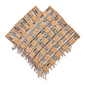 TAMSY Tan Large Checkered Knit Poncho with Fringe - One Size Fits Most