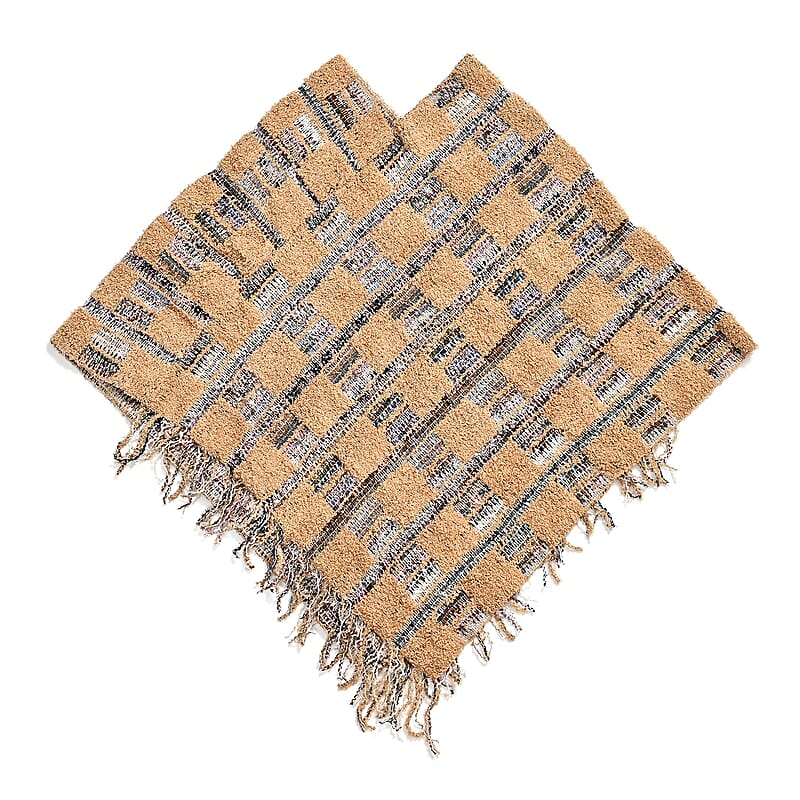 TAMSY Tan Large Checkered Knit Poncho with Fringe - One Size Fits Most