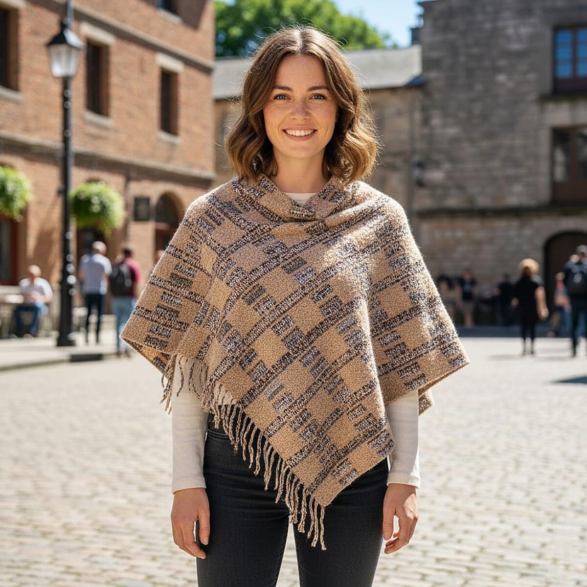 TAMSY Tan Large Checkered Knit Poncho with Fringe - One Size Fits Most image number 1