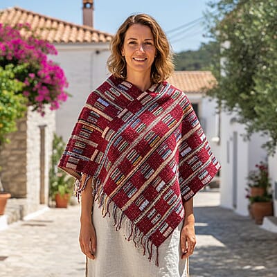 TAMSY Red Large Checkered Knit Poncho with Fringe - One Size Fits Most