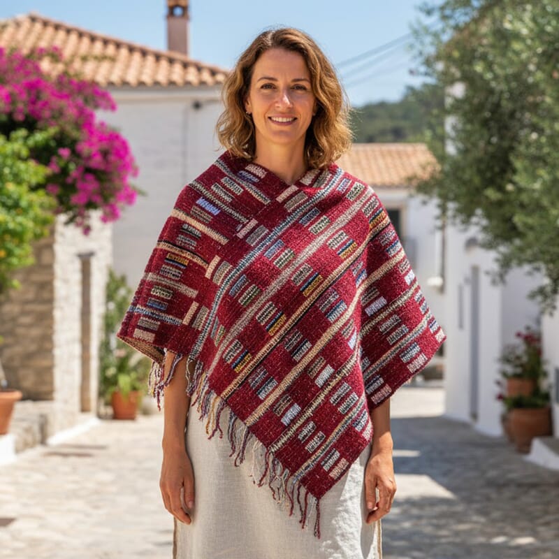 TAMSY Red Large Checkered Knit Poncho with Fringe - One Size Fits Most