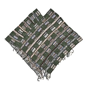 TAMSY Green Large Checkered Knit Poncho with Fringe - One Size Fits Most