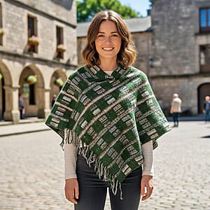TAMSY Green Large Checkered Knit Poncho with Fringe - One Size Fits Most