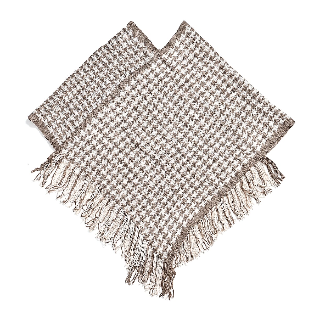 TAMSY Light Grey Houndstooth Knit Poncho with Fringe - One Size Fits Most image number 0