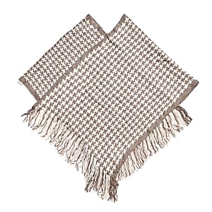 TAMSY Light Grey Houndstooth Knit Poncho with Fringe - One Size Fits Most