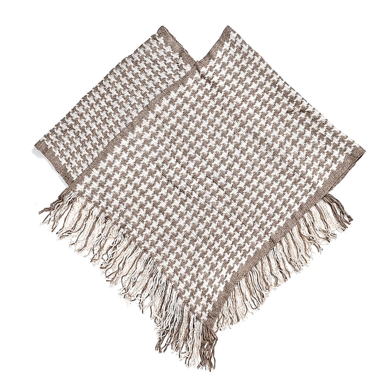 TAMSY Light Gray Houndstooth Knit Poncho with Fringe - One Size Fits Most