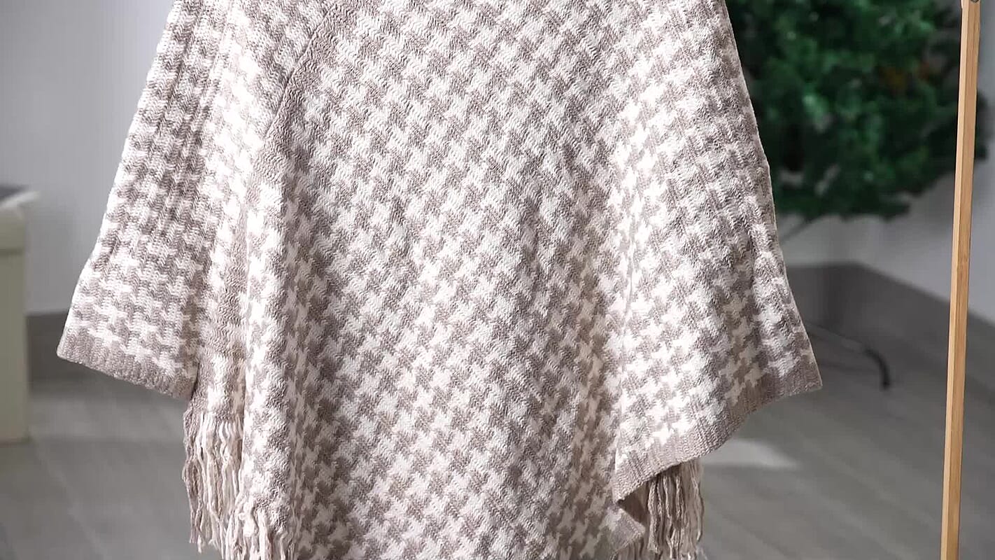 Tamsy Light Gray Poncho with Fringe - One Size Fits Most