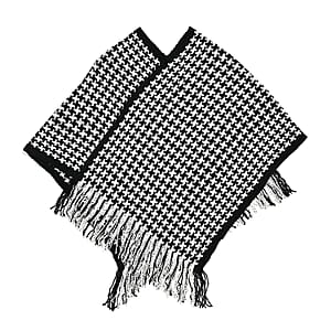 TAMSY Black Houndstooth Knit Poncho with Fringe - One Size Fits Most
