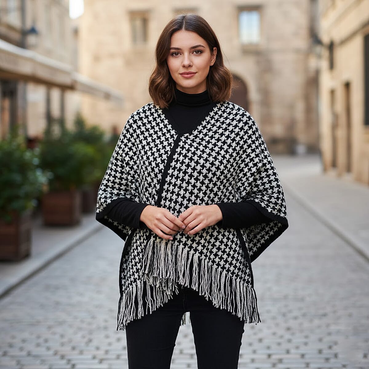 TAMSY Black Houndstooth Knit Poncho with Fringe - One Size Fits Most image number 1