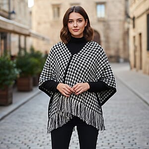 TAMSY Black Houndstooth Knit Poncho with Fringe - One Size Fits Most