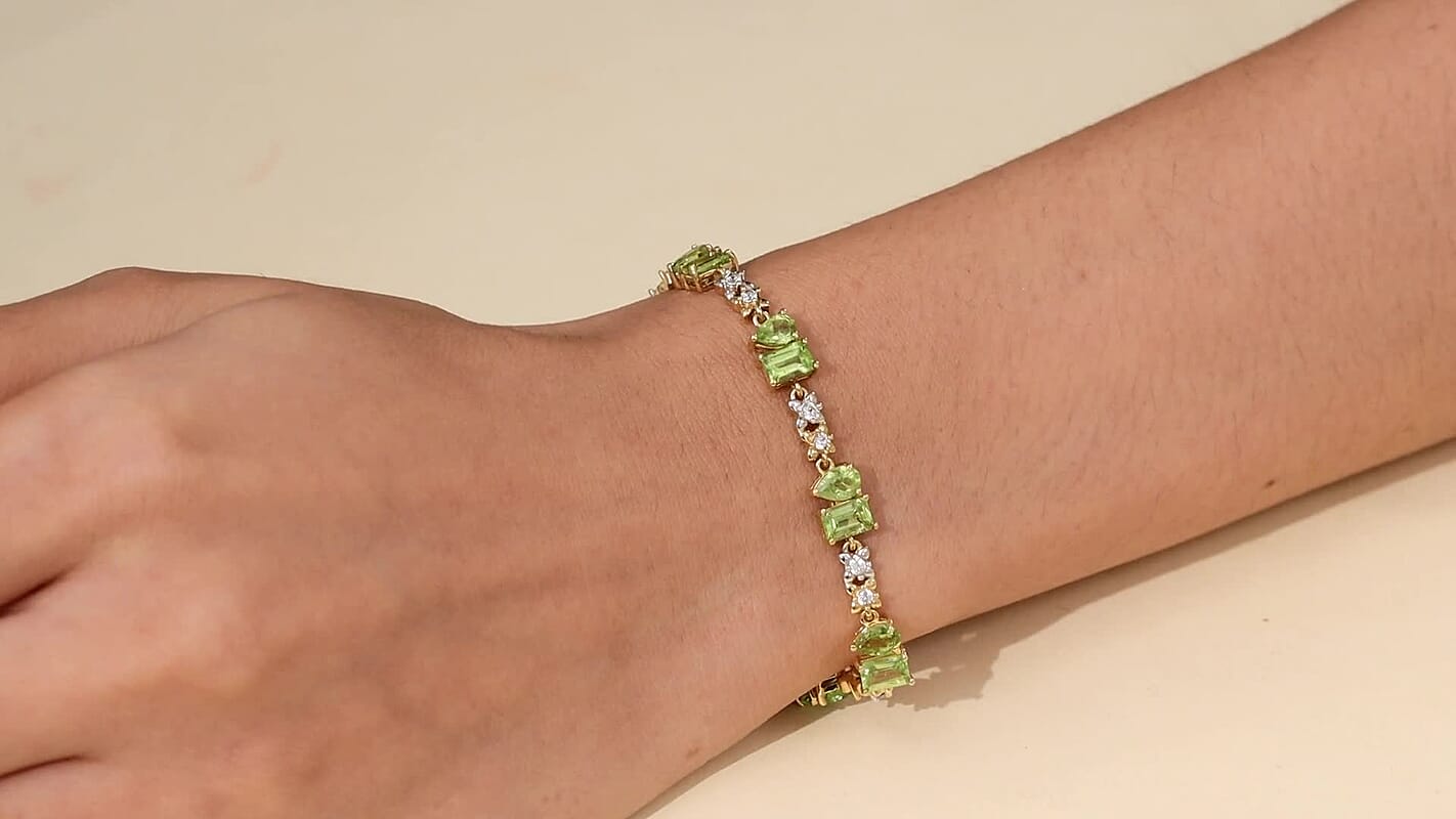 D'Joy Premium Hebei Peridot and White Zircon 5.85 ctw Bracelet in 18K Vermeil Yellow Gold Over Sterling Silver (7.00 In)