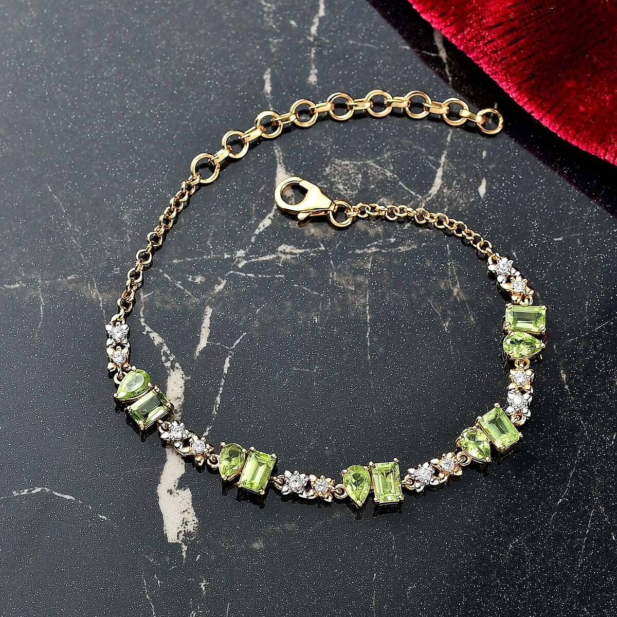 D'Joy Premium Hebei Peridot and White Zircon 5.85 ctw Bracelet in 18K Vermeil Yellow Gold Over Sterling Silver (7.00 In) image number 1