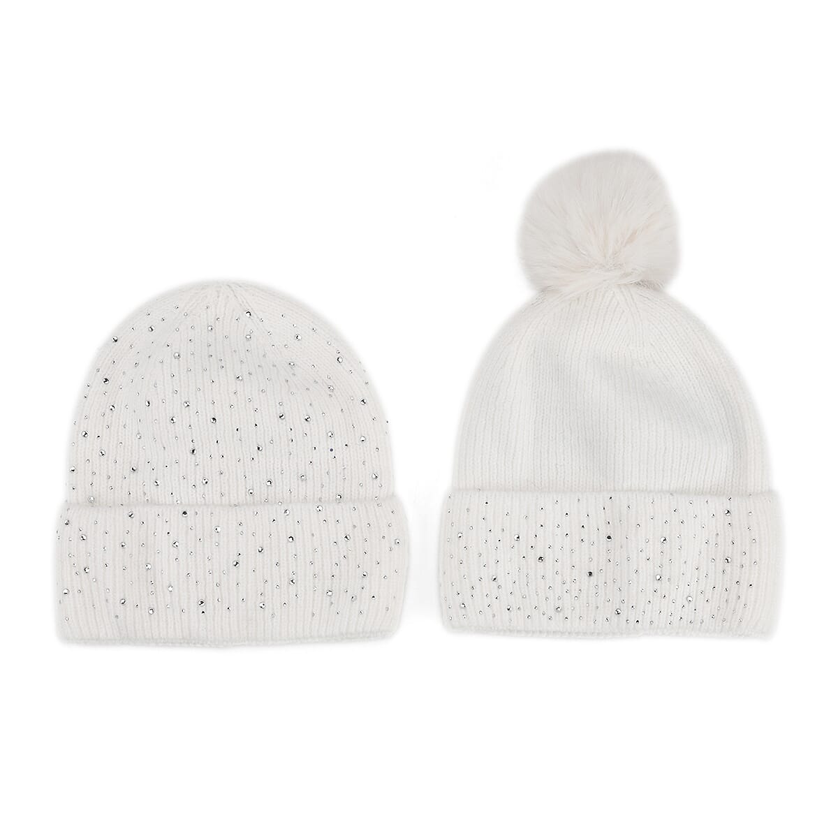 Tamsy Crystal Knitted 1pc Pompom Hat and 1pc Crystal Hat - White image number 0