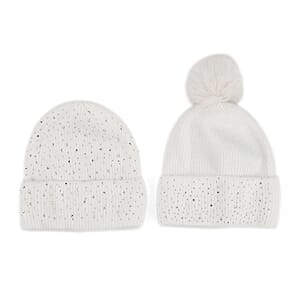Tamsy Crystal Knitted 1pc Pompom Hat and 1pc Crystal Hat - White