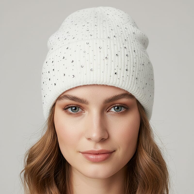 Tamsy Crystal Knitted 1pc Pompom Hat and 1pc Crystal Hat - White