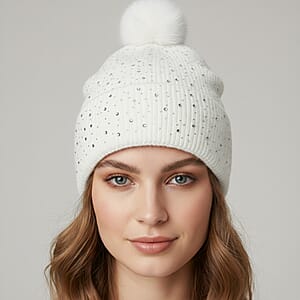 Tamsy Crystal Knitted 1pc Pompom Hat and 1pc Crystal Hat - White