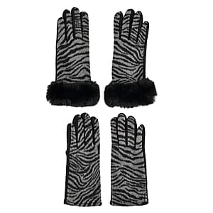 Tamsy Set of 2 Pairs Grey Zebra Printed Gloves with Touch Screen Function