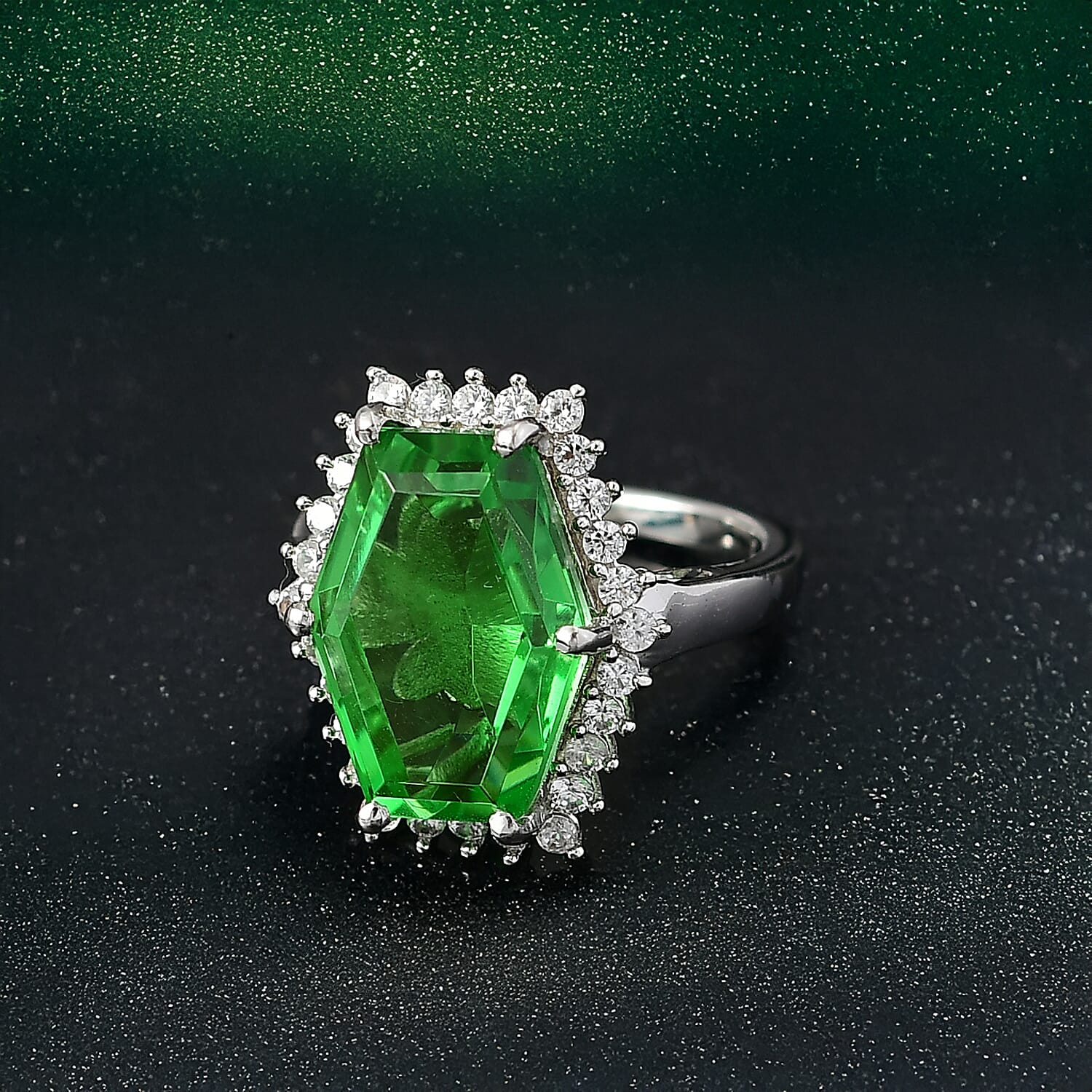EverTrue Chartreuse Quartz, White Zircon Floral Ring in Platinum Bond 14.00 ctw (Size 7.0)