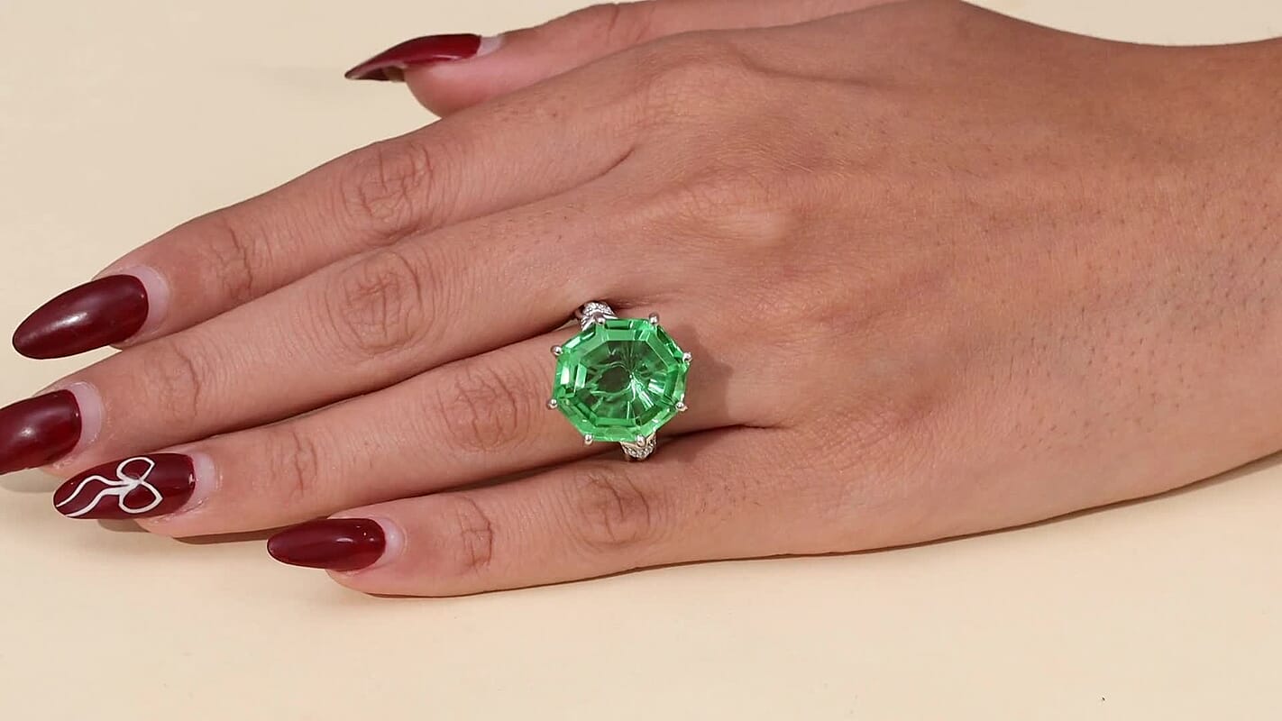 EverTrue Chartreuse Quartz, White Zircon Ring in Platinum Bond (Size 10.0) 17.25 ctw