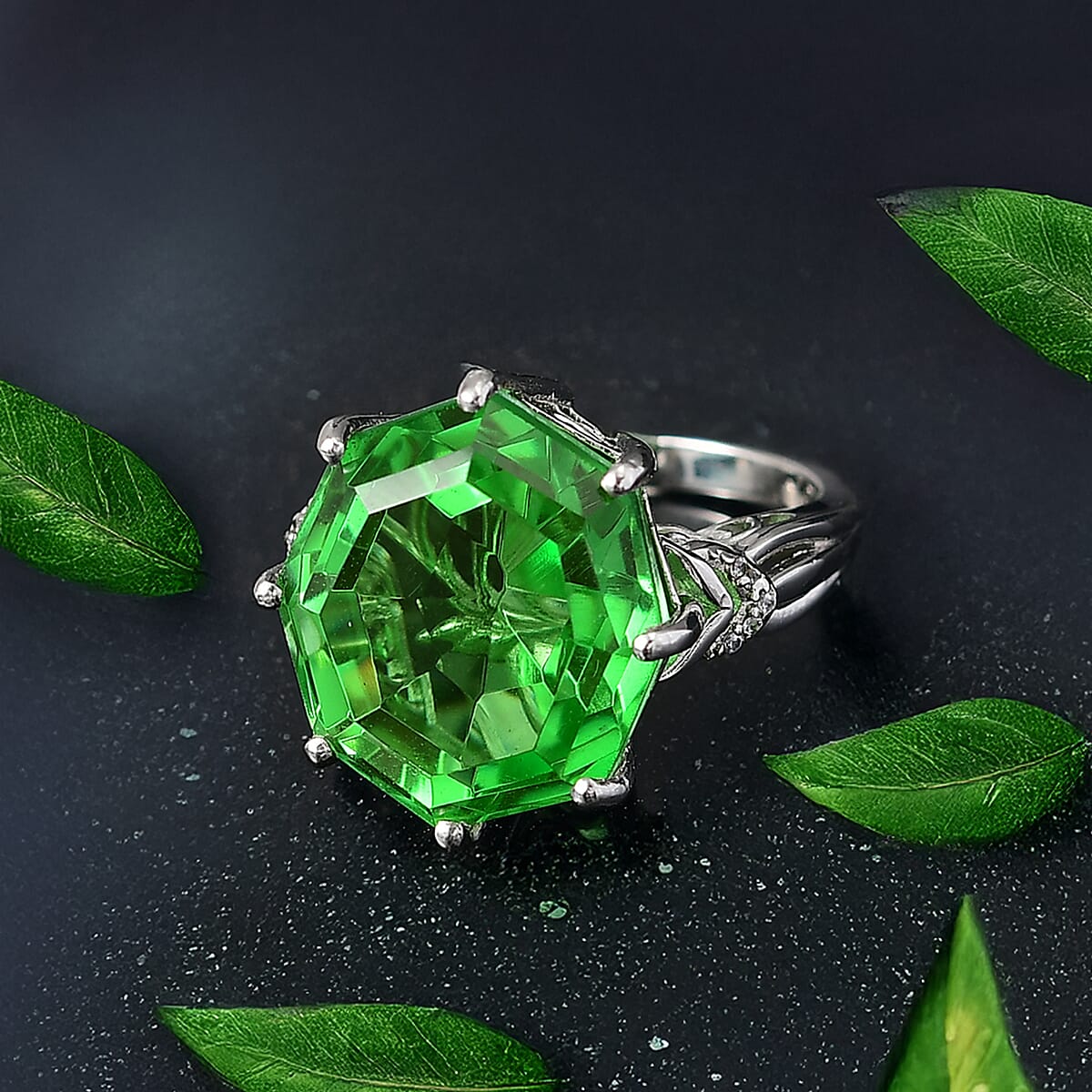 EverTrue Chartreuse Quartz and White Zircon (Triplet) 17.25 ctw Ring in Platinum Bond (Size 7.0) image number 1