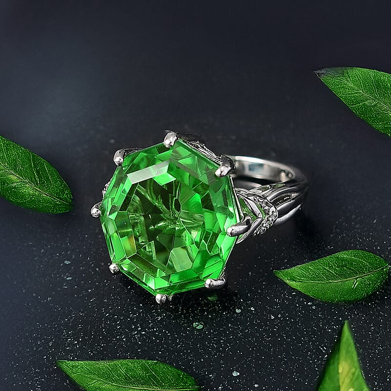 EverTrue Chartreuse Quartz and White Zircon (Triplet) 17.25 ctw Garden of Glamour Ring in Platinum Bond (Size 7.0)