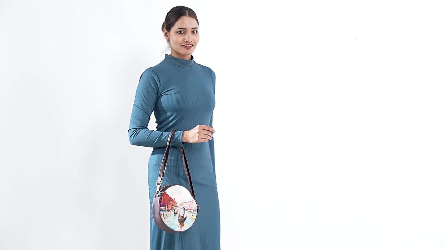 Livemore Blue Digital Print Round Shape Sling Bag with Front Panel (8.5"x3")