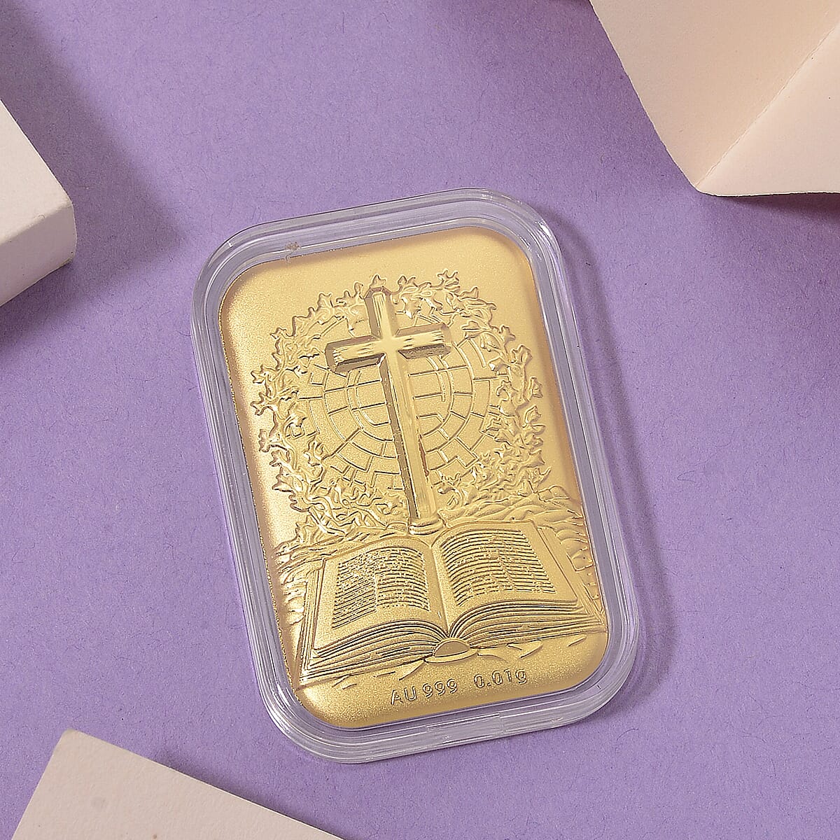 24K Yellow Gold Faith Line Bible and Cross Embossed Sheet 10mg image number 1