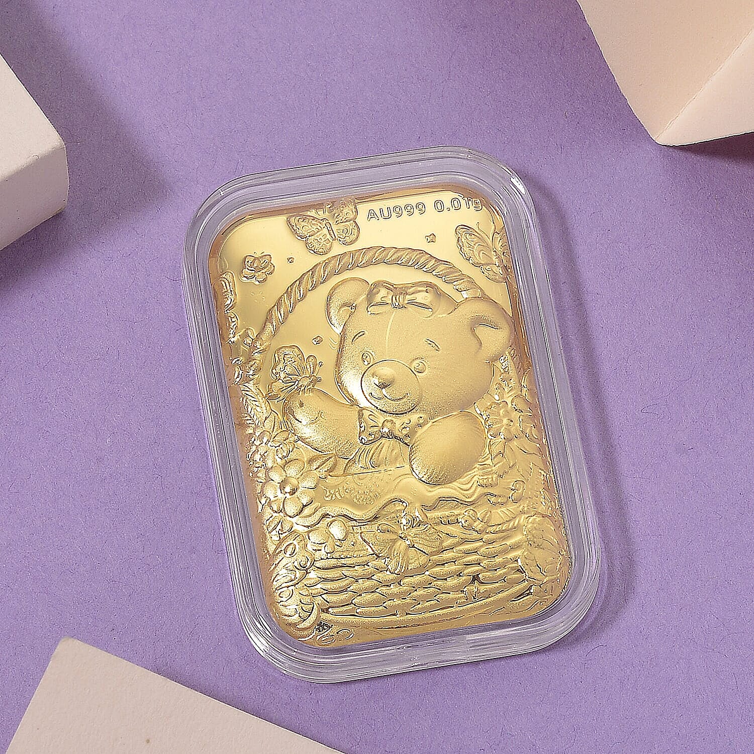 24K Yellow Gold Teddy Bear Sitting in Basket Embossed Sheet 10mg