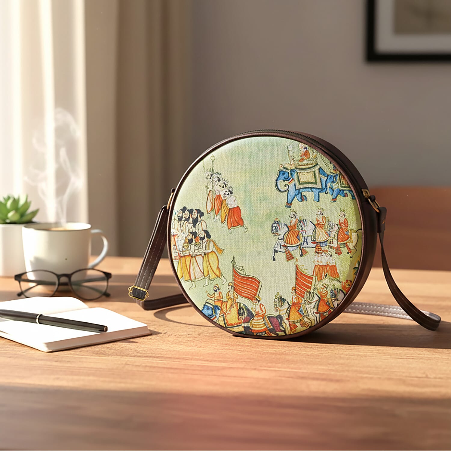 Livmore Green Digital Print Round Shape Sling Bag with Front Panel