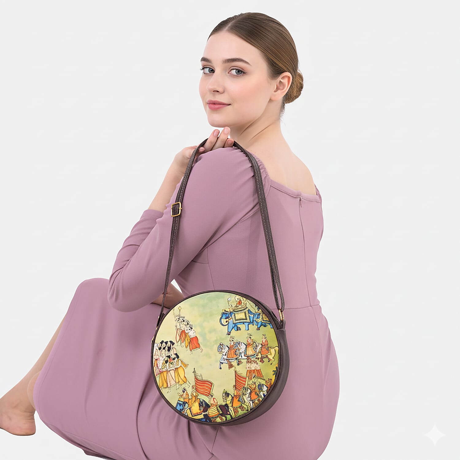 Livmore Green Digital Print Round Shape Sling Bag with Front Panel