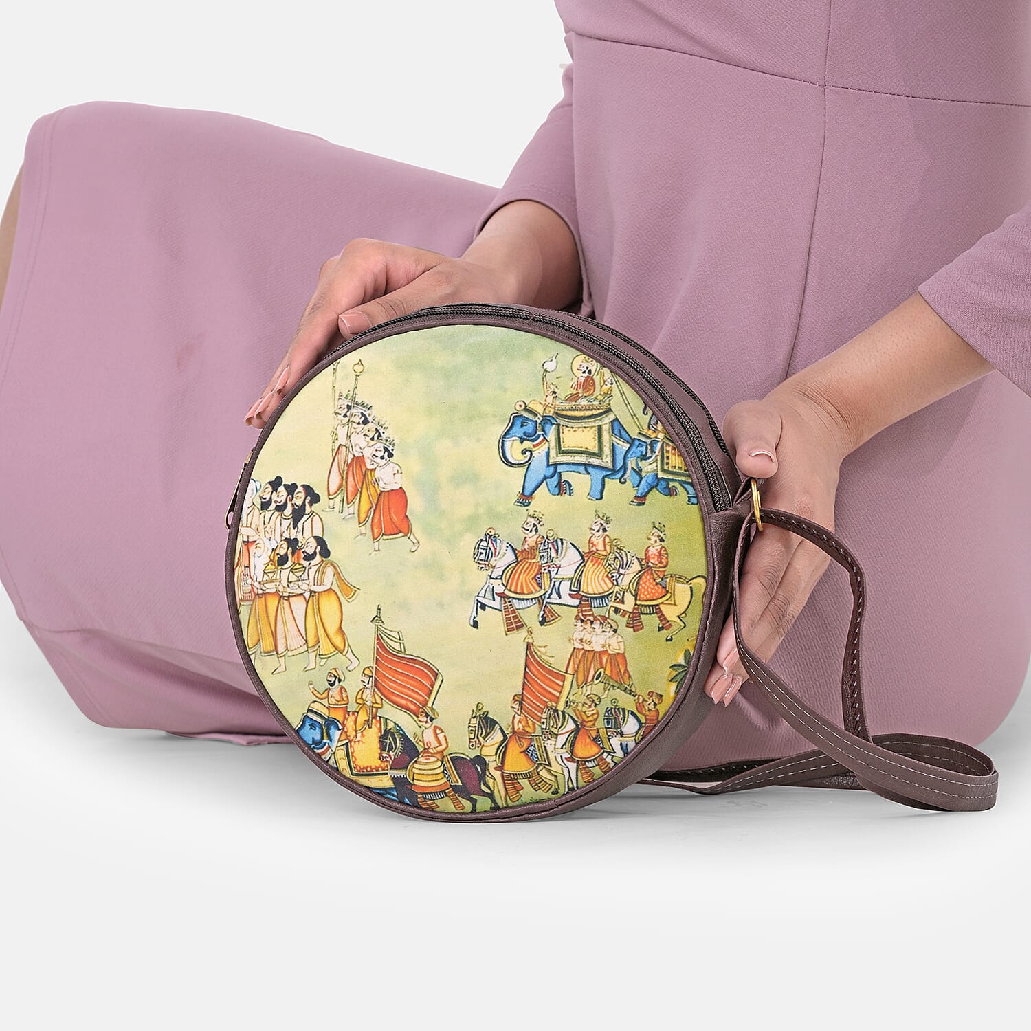 Livmore Green Digital Print Round Shape Sling Bag with Front Panel