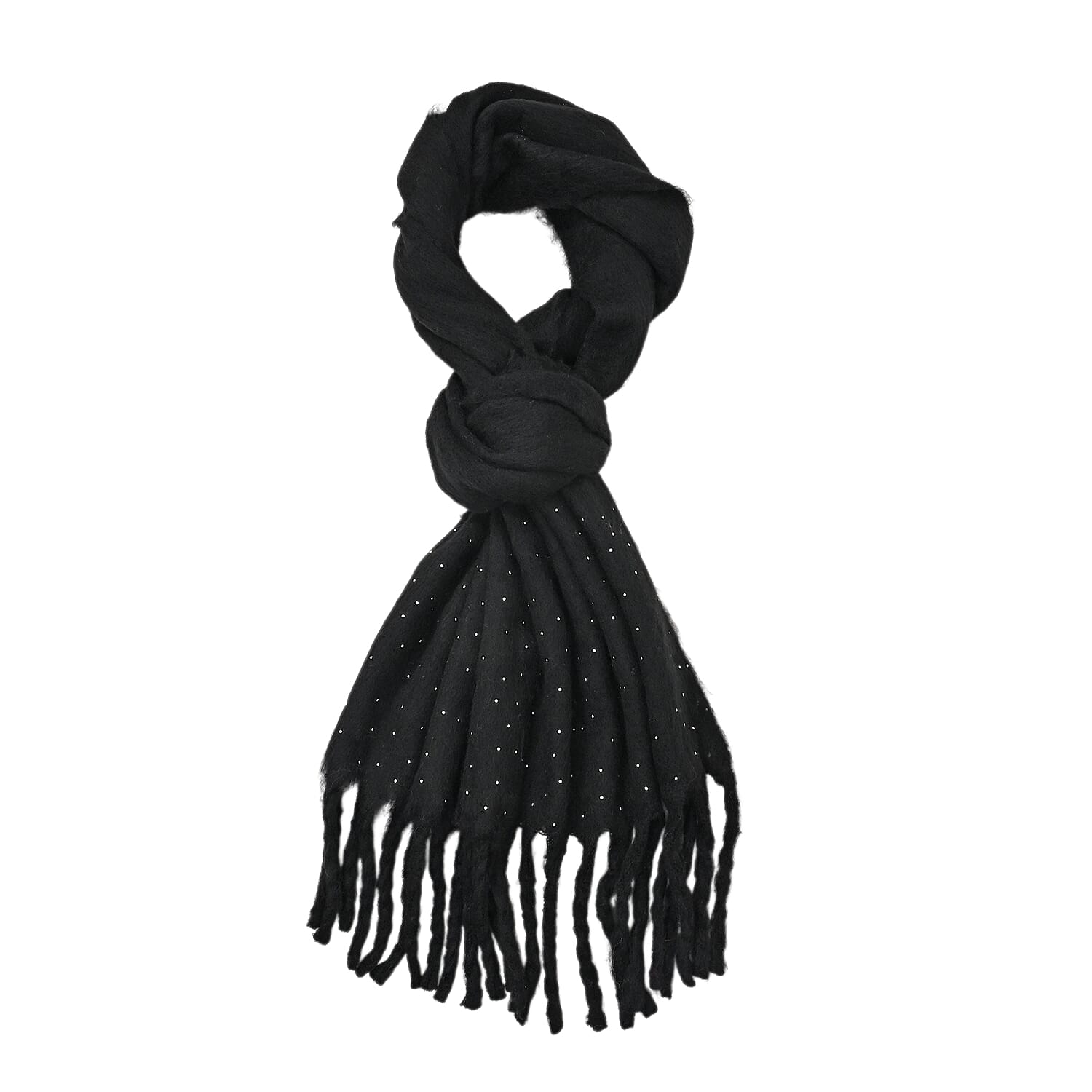 TAMSY Black Soft Plush Scarf with Crystal Embellishment and Fringe– One Size