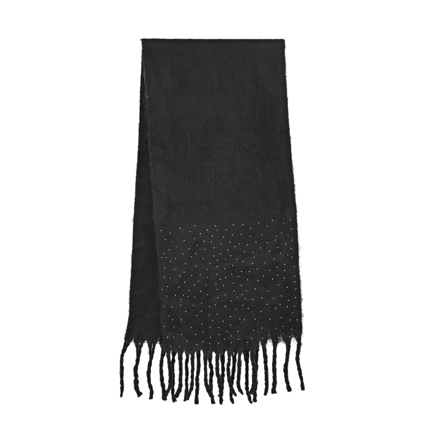 TAMSY Black Soft Plush Scarf with Crystal Embellishment and Fringe– One Size