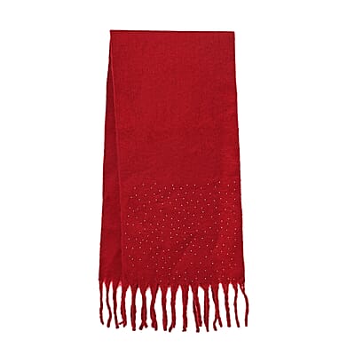 TAMSY Red Soft Plush Scarf with Crystal Embellishment and Fringe– One Size