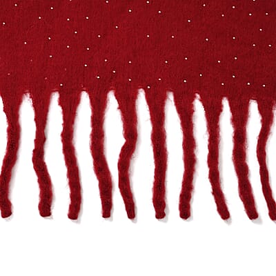 TAMSY Red Soft Plush Scarf with Crystal Embellishment and Fringe– One Size