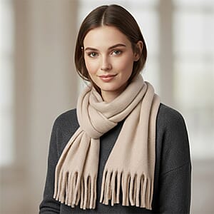 TAMSY Beige Soft Plush Scarf with Crystal Embellishment and Fringe&ndash; One Size