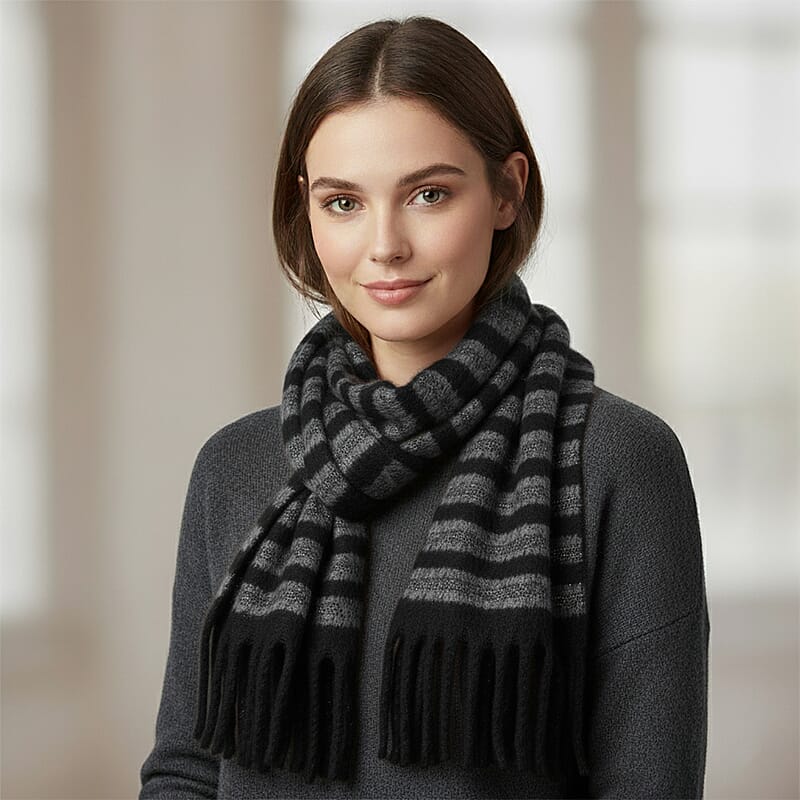 TAMSY Black Striped Metallic Thread Soft Plush Scarf with Fringe– One Size