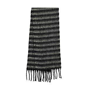 TAMSY Black Striped Metallic Thread Soft Plush Scarf with Fringe&ndash; One Size