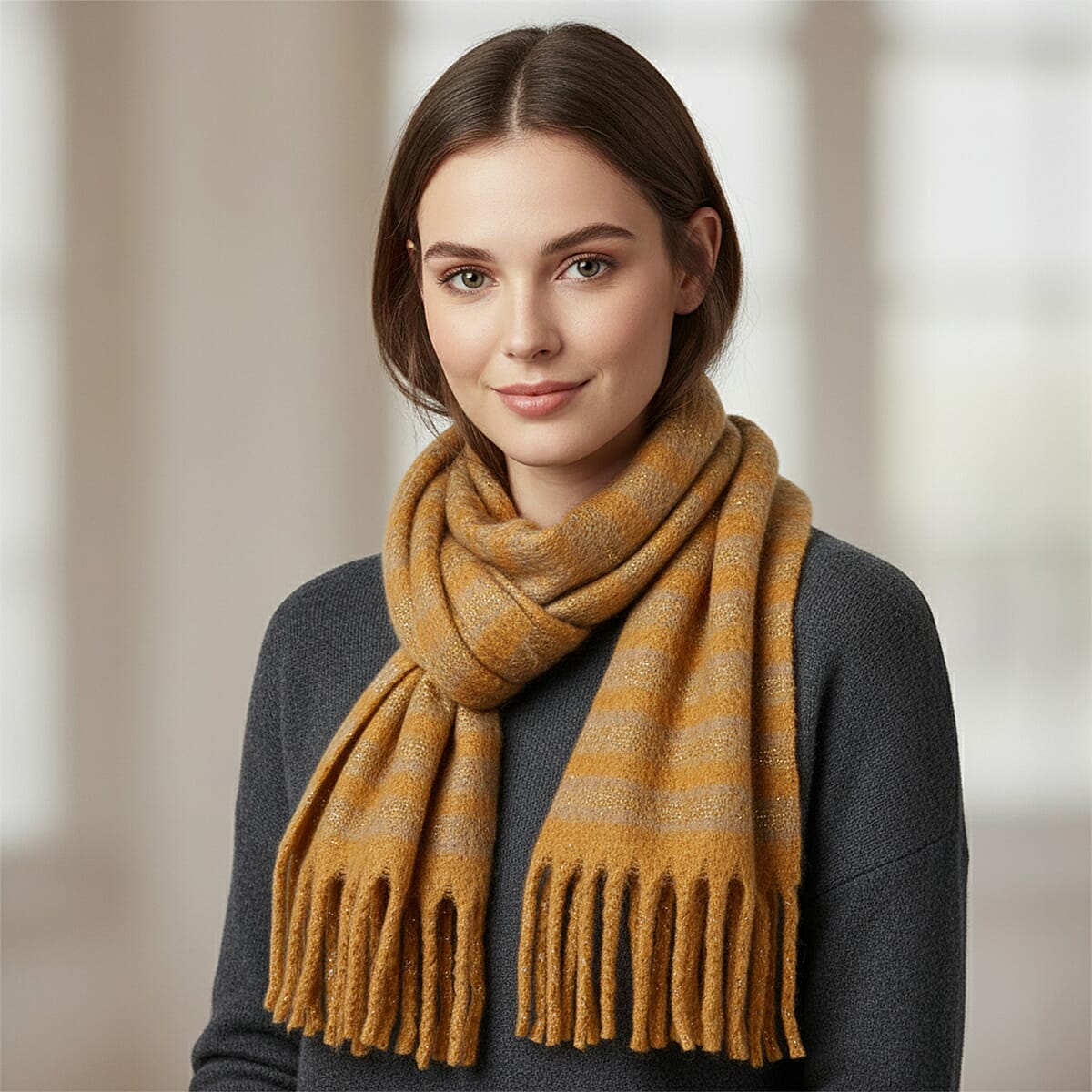 TAMSY Mustard Striped Metallic Thread Soft Plush Scarf with Fringe– One Size image number 0