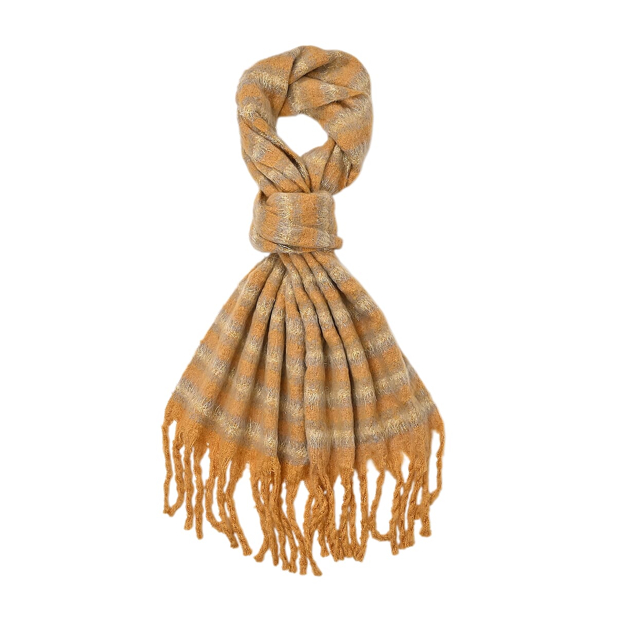 TAMSY Mustard Striped Metallic Thread Soft Plush Scarf with Fringe– One Size image number 1