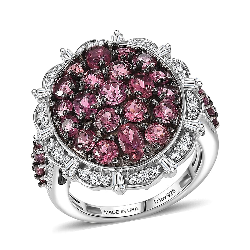 D'Joy Ouro Fino  Rubellite, Moissanite Floral Bloom Ring in Rhodium Over Sterling Silver 3.80 ctw (Size 10.0)