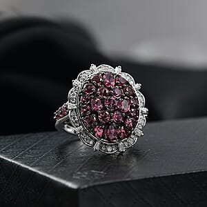 D'Joy Ouro Fino  Rubellite, Moissanite Floral Bloom Ring in Rhodium Over Sterling Silver 3.80 ctw (Size 10.0)