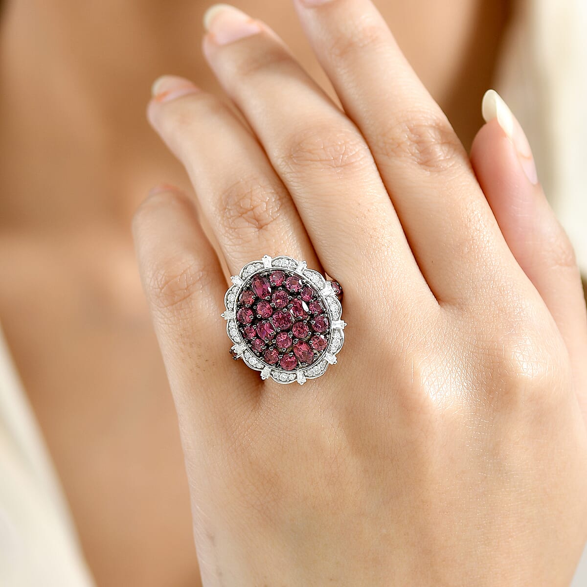D'Joy Ouro Fino Rubellite and Moissanite 3.80 ctw Floral Bloom Ring in Rhodium Over Sterling Silver (Size 10.0) image number 2