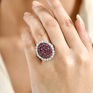 D'Joy Ouro Fino  Rubellite, Moissanite Floral Bloom Ring in Rhodium Over Sterling Silver 3.80 ctw (Size 10.0)