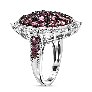 D'Joy Ouro Fino  Rubellite, Moissanite Floral Bloom Ring in Rhodium Over Sterling Silver 3.80 ctw (Size 10.0)