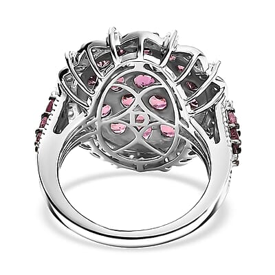 D'Joy Ouro Fino  Rubellite, Moissanite Floral Bloom Ring in Rhodium Over Sterling Silver 3.80 ctw (Size 10.0)
