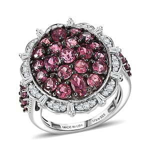 D'Joy Ouro Fino Rubellite, Moissanite Floral Cluster Ring in Rhodium Over Sterling Silver 3.80 ctw (Size 7.0)