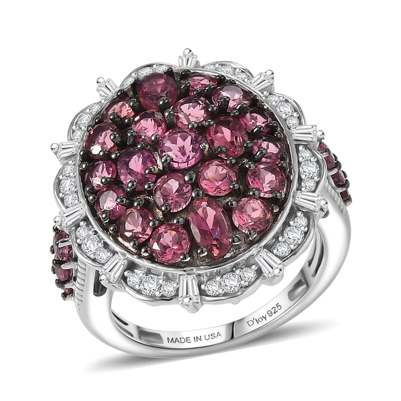 D'Joy Ouro Fino  Rubellite, Moissanite Floral Bloom Ring in Rhodium Over Sterling Silver 3.80 ctw (Size 7.0)